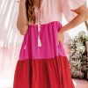 Flattering Pink Mini Dress With Tiered Pleated Detail And Short Flowy Sleeves