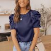 Dark Blue Ruched Puff Short Sleeve Satin Blouse