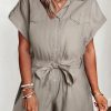 Gray Buttoned Pockets Lace-up Belt High Waist Romper