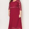 Red Lace Scalloped V Neck 3/4 Sleeves Pleated Tulle Plus Maxi Dress