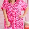 Pink Leopard Print V Neck Plus Size Babydoll Mini Dress