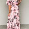 Pink Floral Puff Sleeve High Waist Maxi Dress