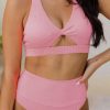 Seductive Pink Ribbed Twist Cut-Out High Waist Bikini Set