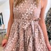 Pink Floral Jacquard Sleeveless Mini Dress With Waist Tie