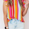 Vibrant Stripe Print Blouse With Frill Trim Neckline For Plus Size Women