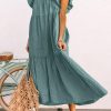 Green Smocked Neckline Flutter Sleeve Maxi Dress