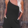 One Shoulder High Waist Romper With Pockets - Black