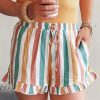 Striped Drawstring High Waist Ruffle Shorts For Women