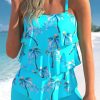 Sky Blue Coconut Tree Print Layered Tankini 2pcs Swimsuit