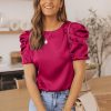 Solid Color Blouse With Crew Neck, Short Sleeve And Ruched Detail For Women