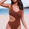 Brown Asymmetric Cutout Joint One Piece Swimsuit