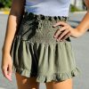 Green Smocked Wide Waistband Ruffled Casual Shorts