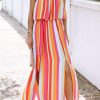 Colorful Striped Maxi Dress With Off Shoulder Design And Slit Details