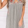 Gray Embroidered Striped Print Sleeveless Mini Dress