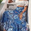 Blue Paisley Print Fringe Hem Boho Maxi Skirt