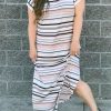 White Striped Print V Neck Side Split Plus Size Dress