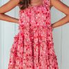 Red Tiered Ruffled Square Neck Sleeveless Floral Mini Dress