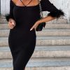 Slim Fit Black Bodycon Dress With Feather Cuffs For Women