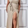 Apricot Plus Size V Neck Wrap Spaghetti Straps Maxi Dress