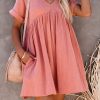 Pink Roll Up Short Sleeve V Neck Babydoll Mini Dress