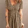 Brown Leopard V-Neck Buttons Short Sleeve Midi Dress