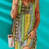 Green Floral Splicing Flounce V Neck Sleeveless Mini Dress