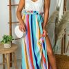 Stripe Splicing Paperwaist Spaghetti Straps Maxi Dress