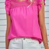 Rosy Lace Patchwork Blouse With Flutter Sleeves For Women