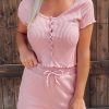 Pink Ribbed Buttoned Cropped Top And Drawstring Waist Shorts Set