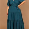 Green Plus Size Pleated Lace-up V Neck Wrap Maxi Dress