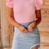 Pink Mock Neck Puff Sleeve Keyhole Back Rib Knit Bodysuit