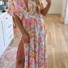 Multicolor Tropical Floral Print Ruched V Neck Maxi Dress