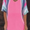 Pink White Stripe Patchwork V Neck T Shirt