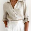 Beige Roll Tab Long Sleeve Relaxed Linen Shirt