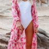 Pink Sweet Floral Print Frill Hem Puff Sleeve Cover Up