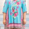 Sky Blue Mix Boho Floral Print Plus Size Mini Babydoll Dress