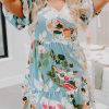 Sky Blue Floral Print Ruffled Puff Sleeve Plus Size Mini Dress