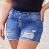 Quintuplicate Button High Waist Denim Shorts In Blue For Plus Size Women