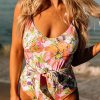 Vibrant Floral One Piece Swimsuit With Removable Padding And Cinching Tie Feature