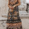 Black Retro Boho Floral Tassel Tie Maxi Dress