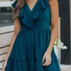 Blue Ruffle Trim V Neck Smocking Back Mini Dress