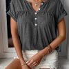 Gray V-Neck Rolled Short Sleeve Henley Top - Casual And Chic Women's Tee