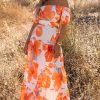 Orange Floral Print Off Shoulder Backless Maxi Dress