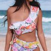 Stunning Purple Floral Printed Asymmetric Cutout Ruffle One Piece Swimsuit For Women