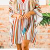 Multicolor Striped Lace V Neck Wide Sleeves Cinched Swimsuit Cover Up