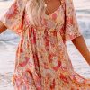 Orange Wide Flutter Sleeve Floral Dress