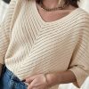 Khaki Half Sleeve V Neck Pointelle Knitted Top