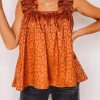 Orange Leopard Print Ruffled Wide Strap Satin Tank Top