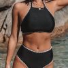 Black Contrast Binding High Waist Halter Bikini Set