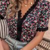 Multicolor Ditsy Floral Lace Trim Casual Blouse